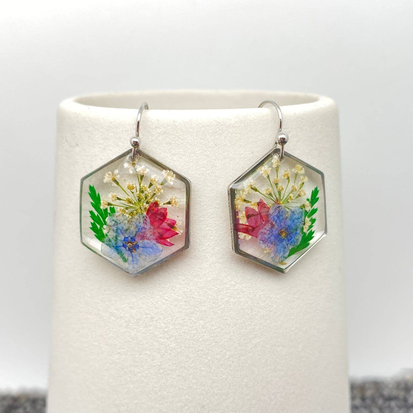 Genuine Pressed Dried Flower Hexagon Charm Earrings