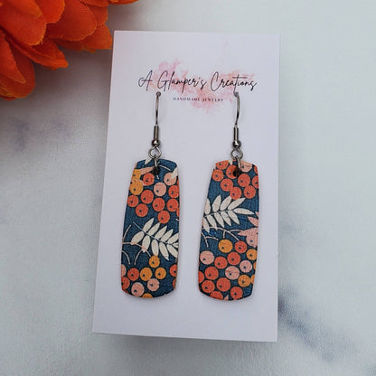Fall Floral on Blue Mini Bar Leather Earrings