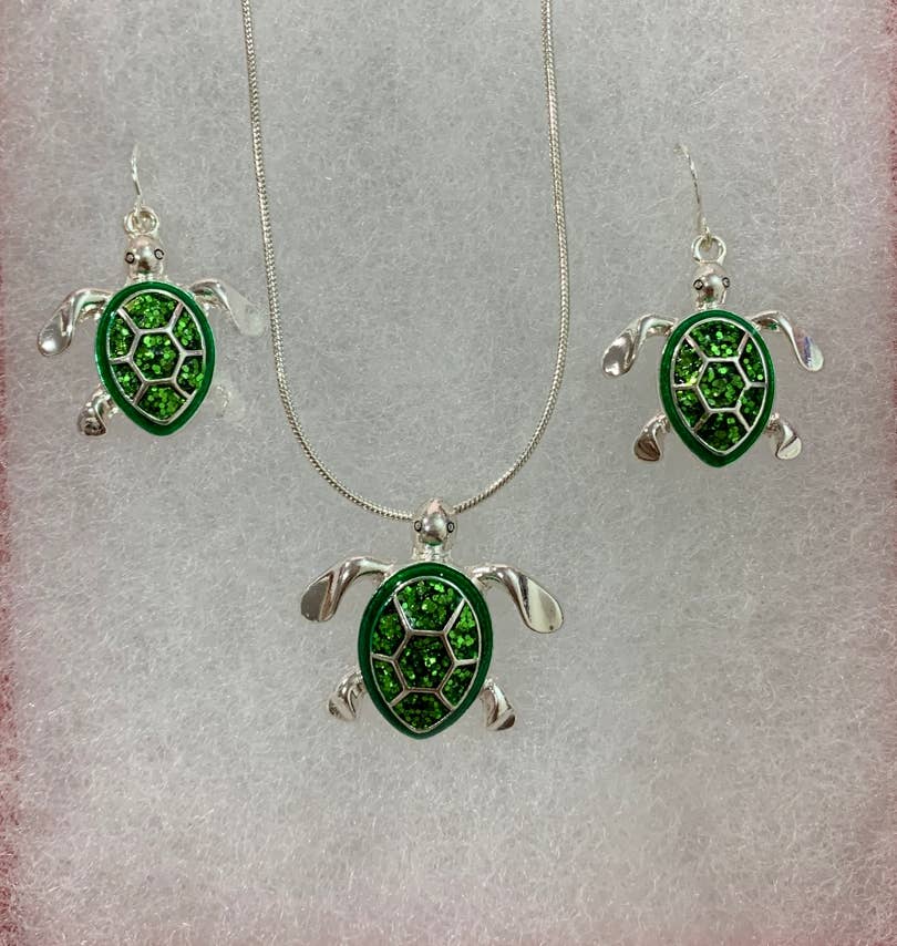 Glitter Green Turtle Necklace Set