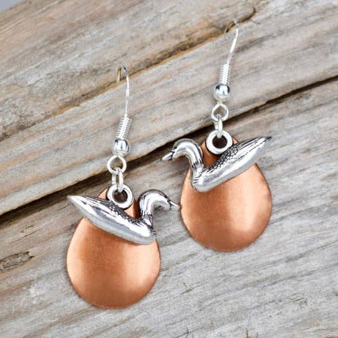 Copper Tone Loon Earrings Lake Mountain Jewelry Bird Pcs.