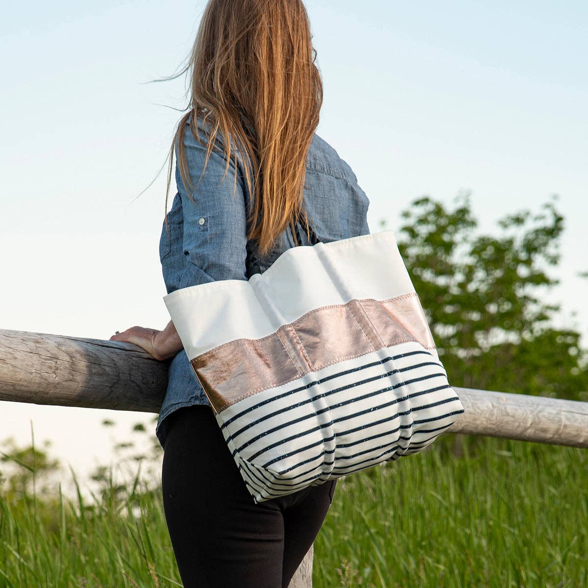 Rose Gold-on-Navy Mariner Stripe Medium Tote
