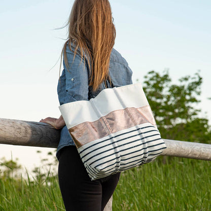 Rose Gold-on-Navy Mariner Stripe Medium Tote