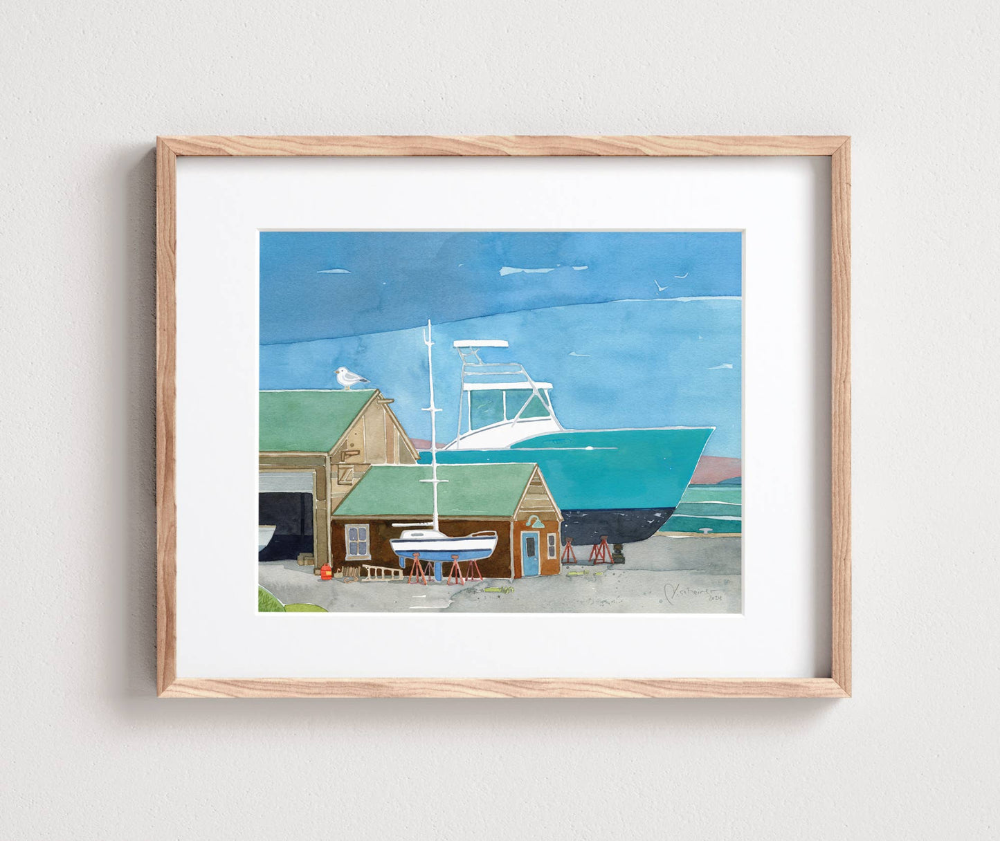 Boatyard Watercolor Print Coastal Sailboat Art