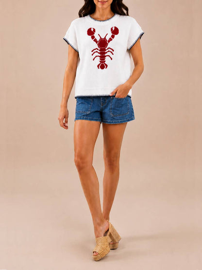 Coastline Lobster Whip-Stitch Knit Sweater Cap Sleeves Top