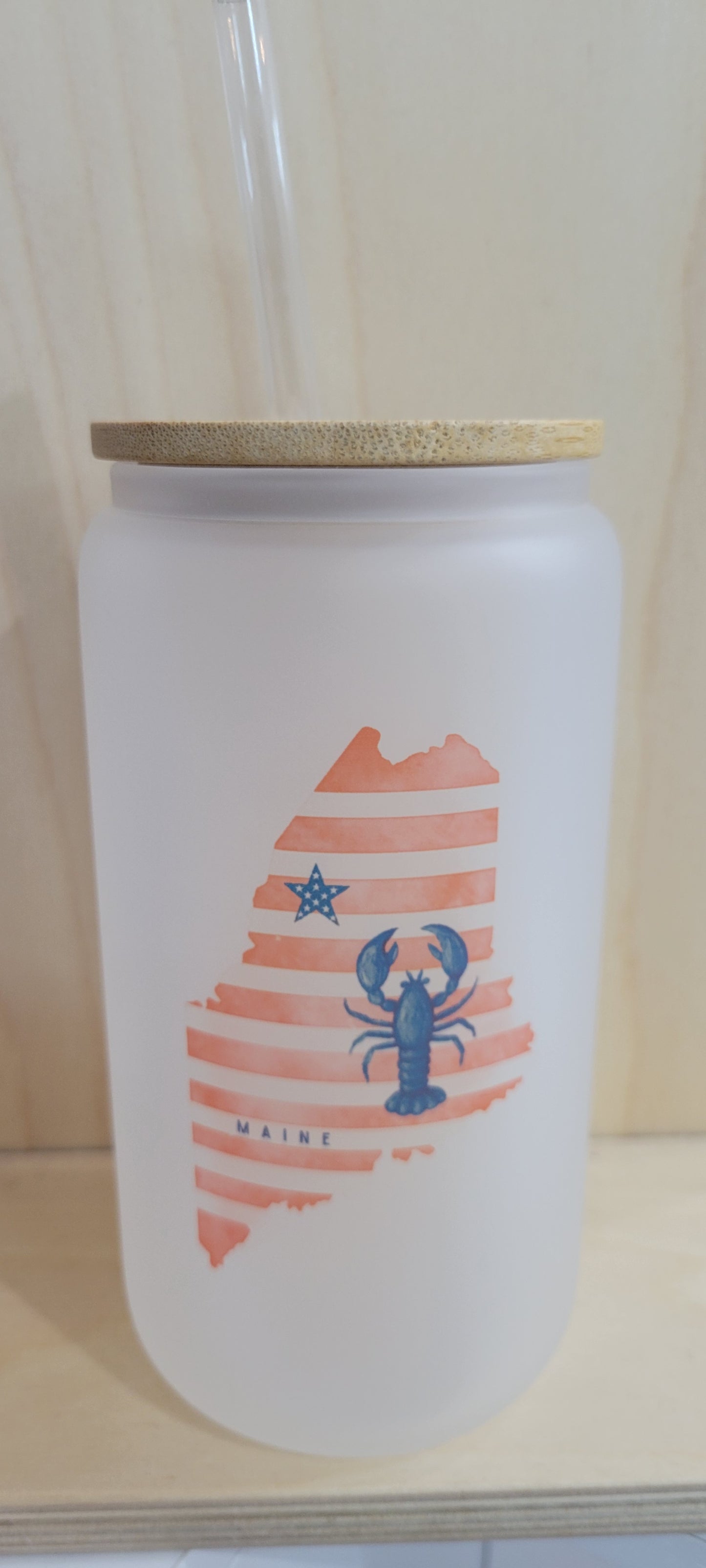 Maine Frosted Glass Tumbler with Lid/Straw