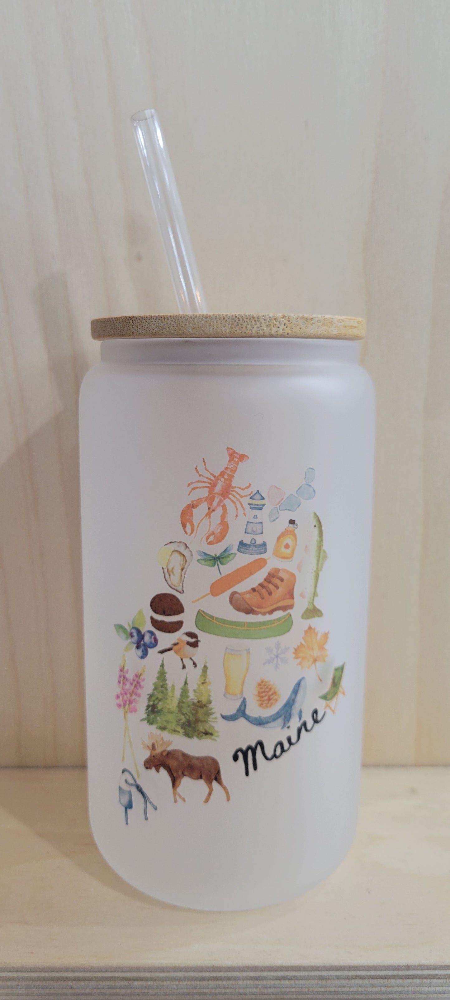 Maine Frosted Glass Tumbler with Lid/Straw