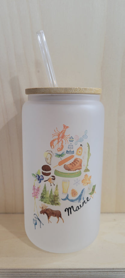Maine Frosted Glass Tumbler with Lid/Straw