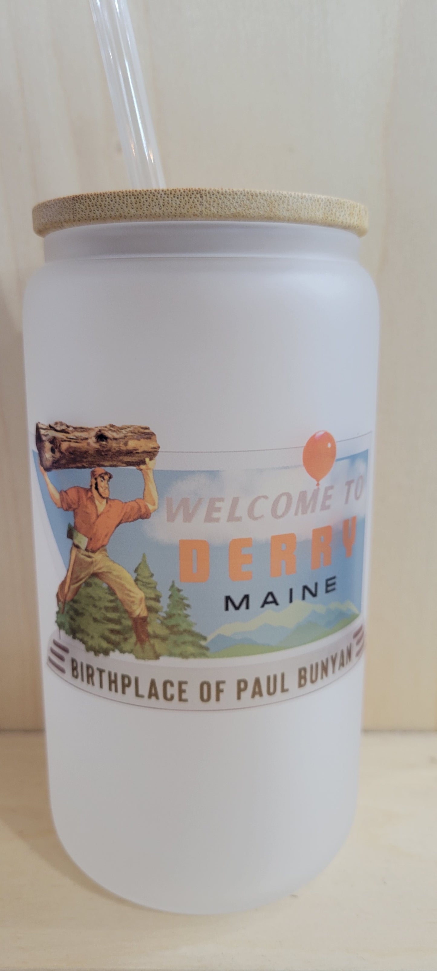 Maine Frosted Glass Tumbler with Lid/Straw