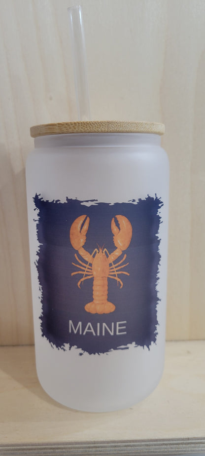 Maine Frosted Glass Tumbler with Lid/Straw