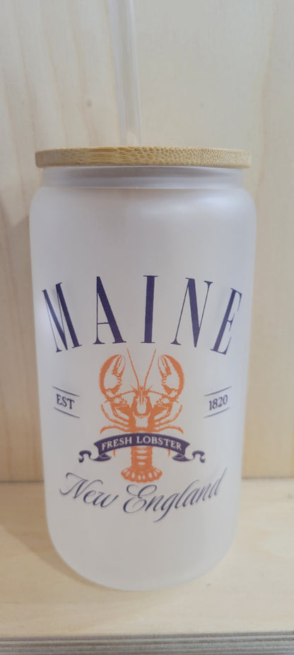 Maine Frosted Glass Tumbler with Lid/Straw