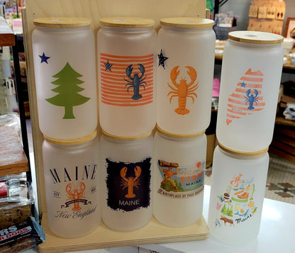 Maine Frosted Glass Tumbler with Lid/Straw