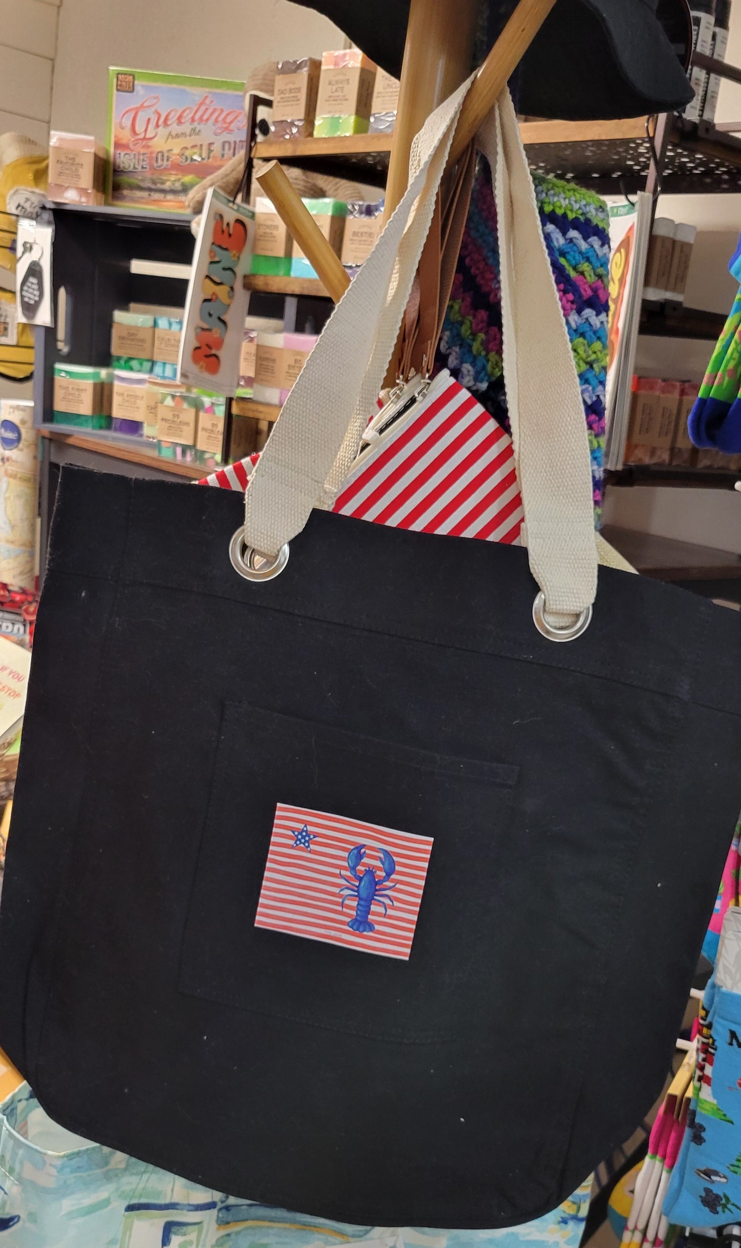 Red/White Thin Stripes with Blue Lobster & Star Black Tote.