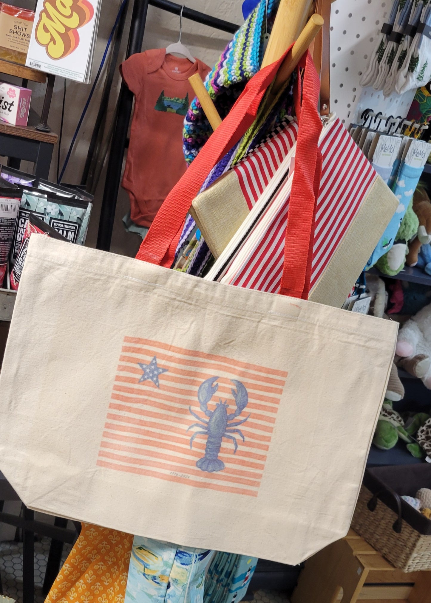 Vintage Look-Red/White Stripes Blue Lobster/Star Tote Bag