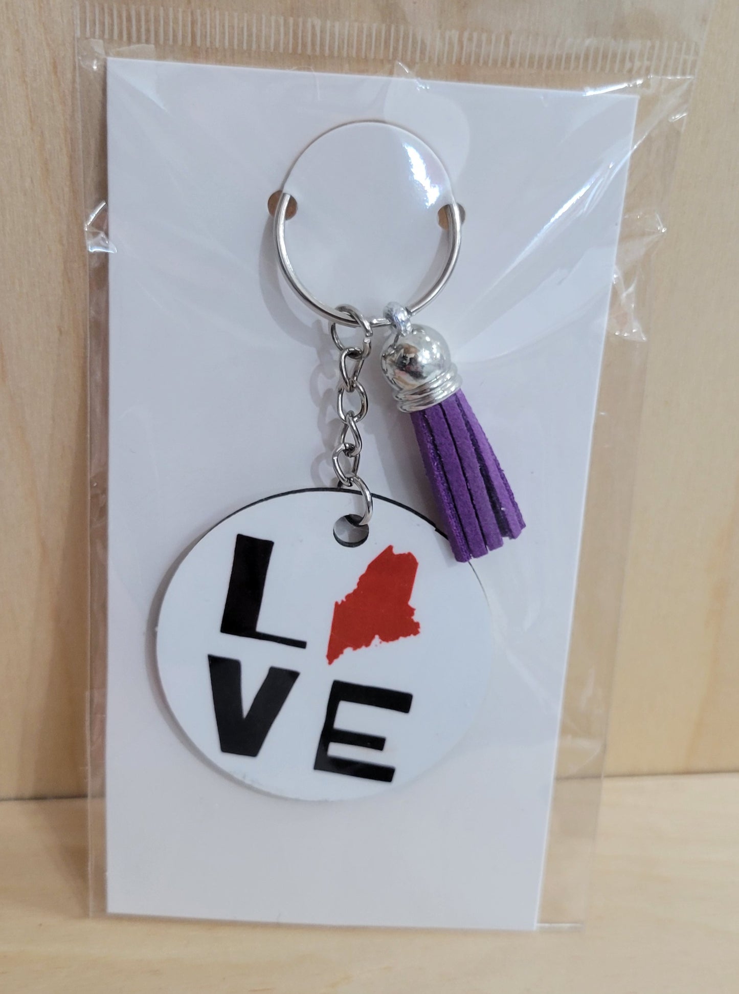 Maine Themed Round Keychain with Tassel