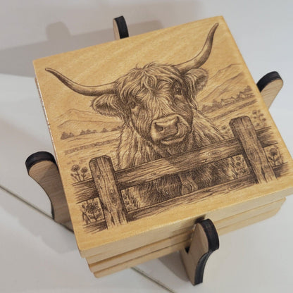 Highland Cows Wood 4 piece Coaster Set