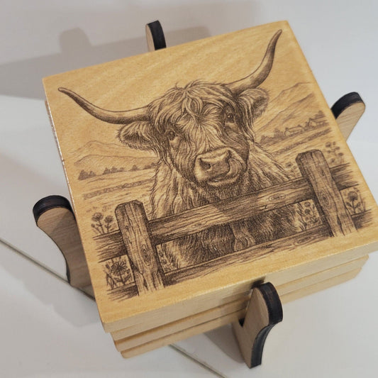 Highland Cows Wood 4 piece Coaster Set