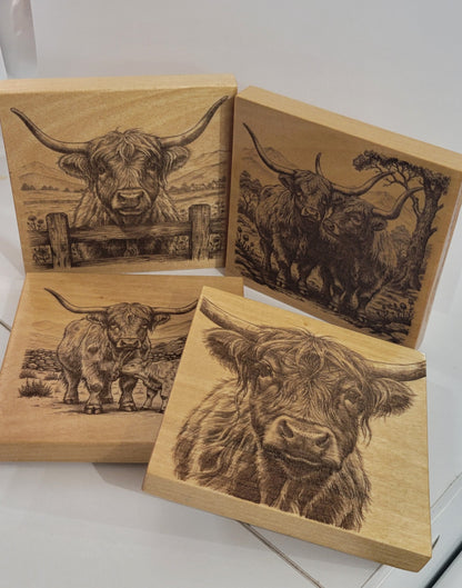 Highland Cows Wood 4 piece Coaster Set