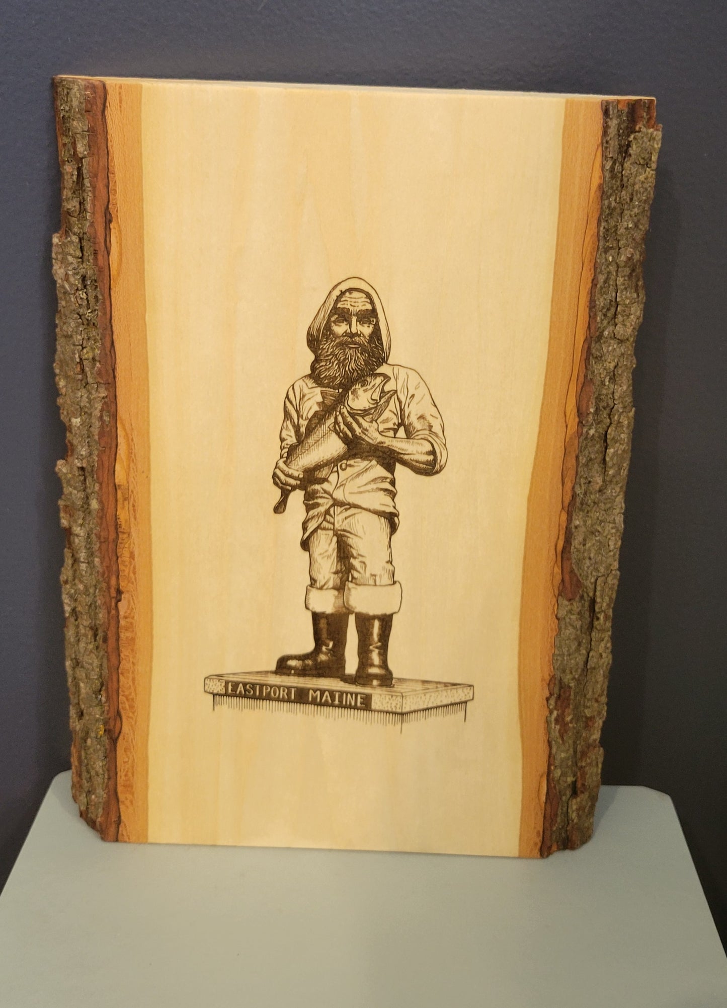 Wood Slice Wall Plaque-East[port Fisherman Statue
