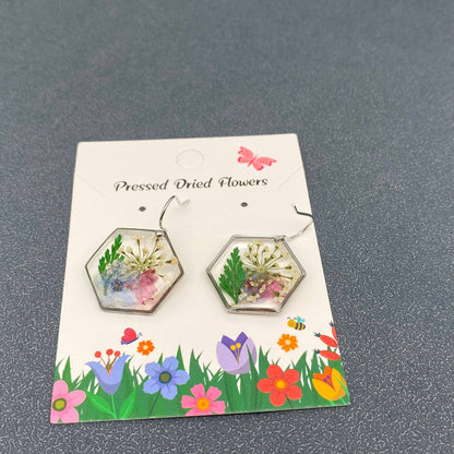 Genuine Pressed Dried Flower Hexagon Charm Earrings