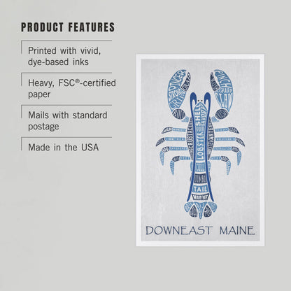 PREMIUM POSTCARDS Maine, Blue Lobster, Typography