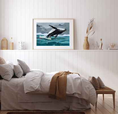 Breaching Humpback Whale Nautical Watercolor Print