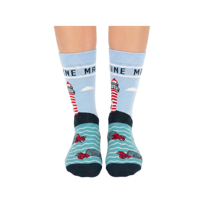 Maine Lighthouse & Lobster Novelty Crew Socks - Coastal Nautical Scenic Travel Souvenir Gift