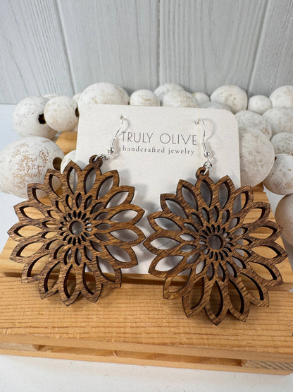 Starburst Mandala Wood Handcrafted Lightweight Earrings
