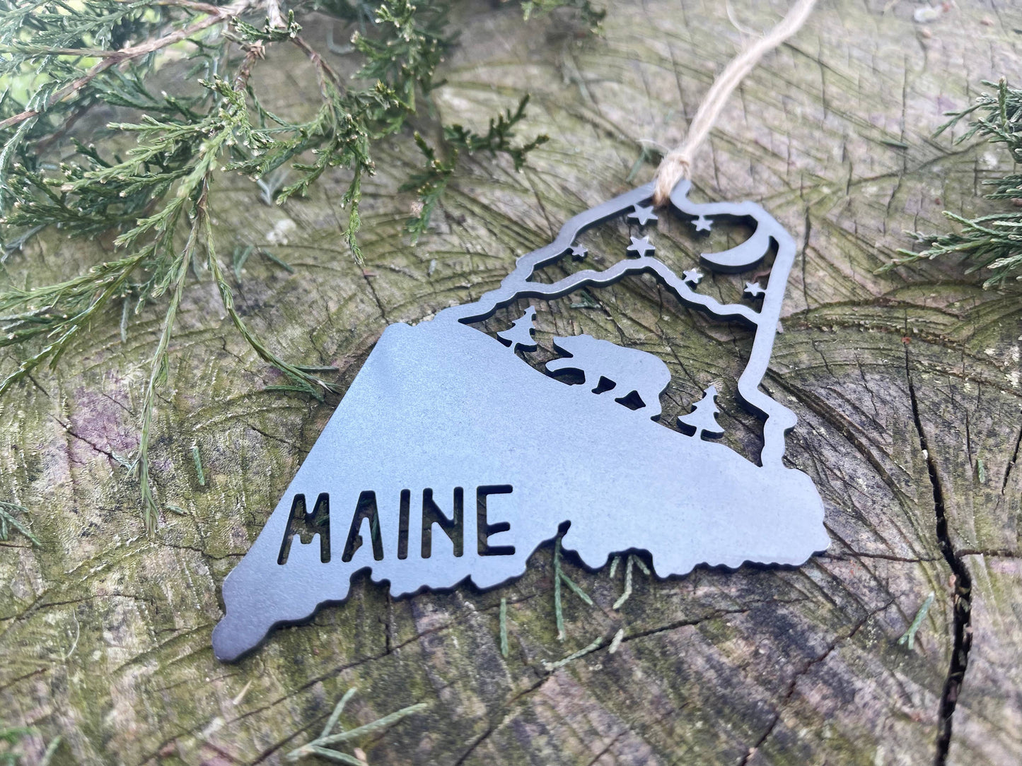 Maine State Mountain Bear Scene Raw Steel Ornament