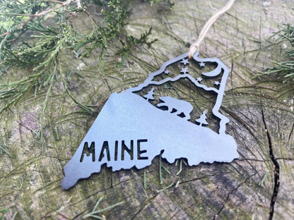 Maine State Mountain Bear Scene Raw Steel Ornament