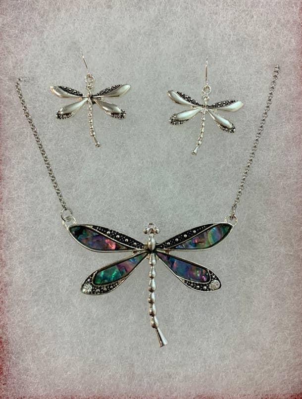 3D Abalone Dragonfly Pendant Necklace Set