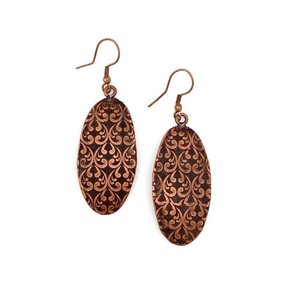 Copper Patina Earrings - Brown Ornate Ovals