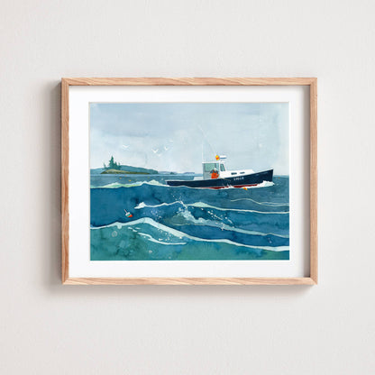Lobster Fishing Print New England Boat Watercolor