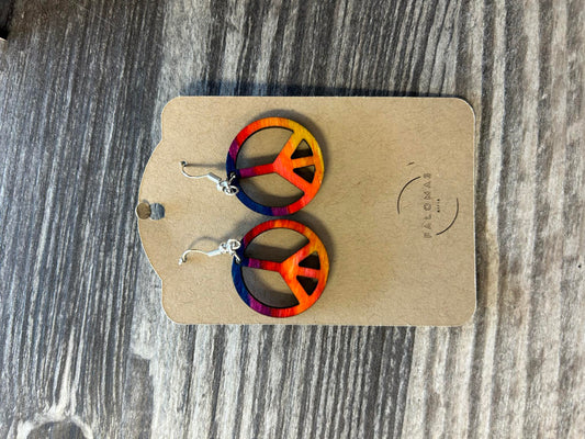 wooden rainbow peace sign earrings