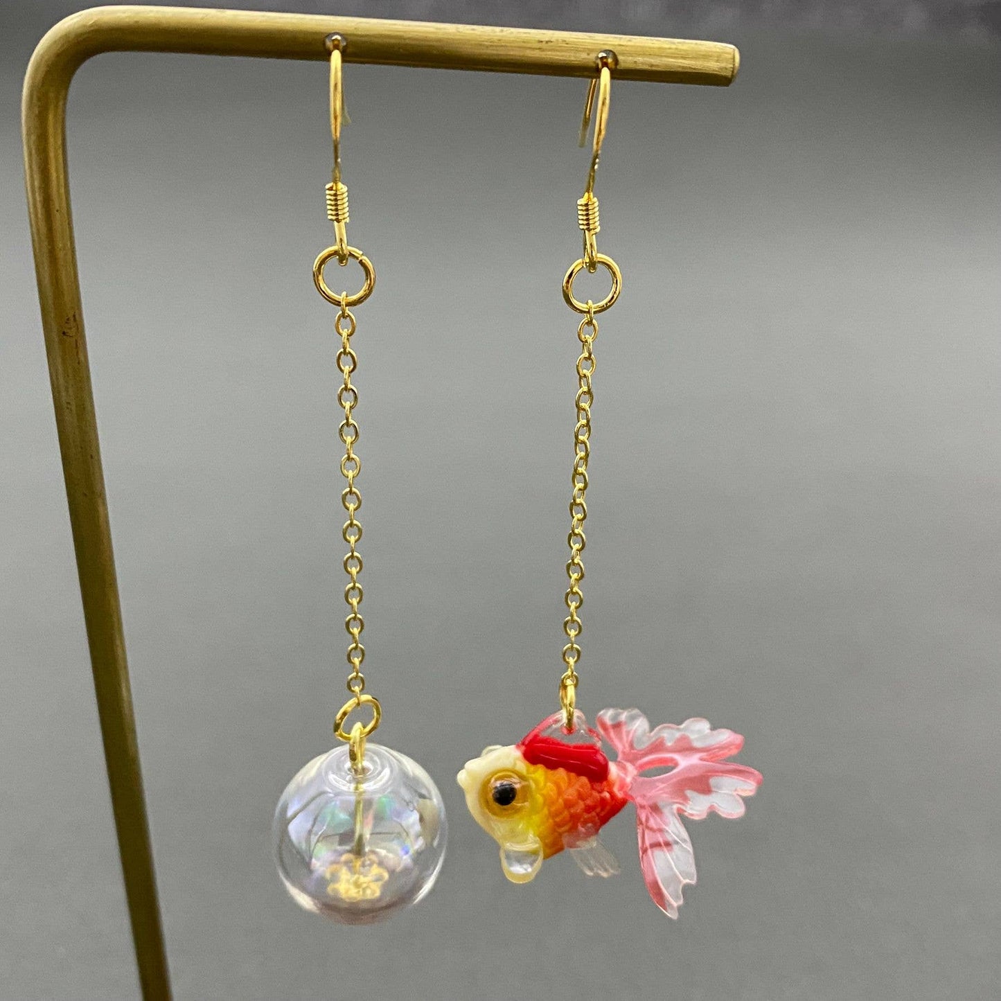 Asymmetric Red Goldfish Dangle Earrings