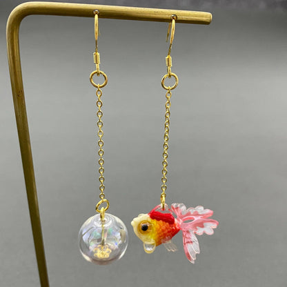 Asymmetric Red Goldfish Dangle Earrings