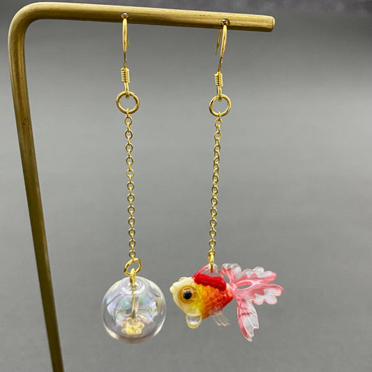 Asymmetric Red Goldfish Dangle Earrings