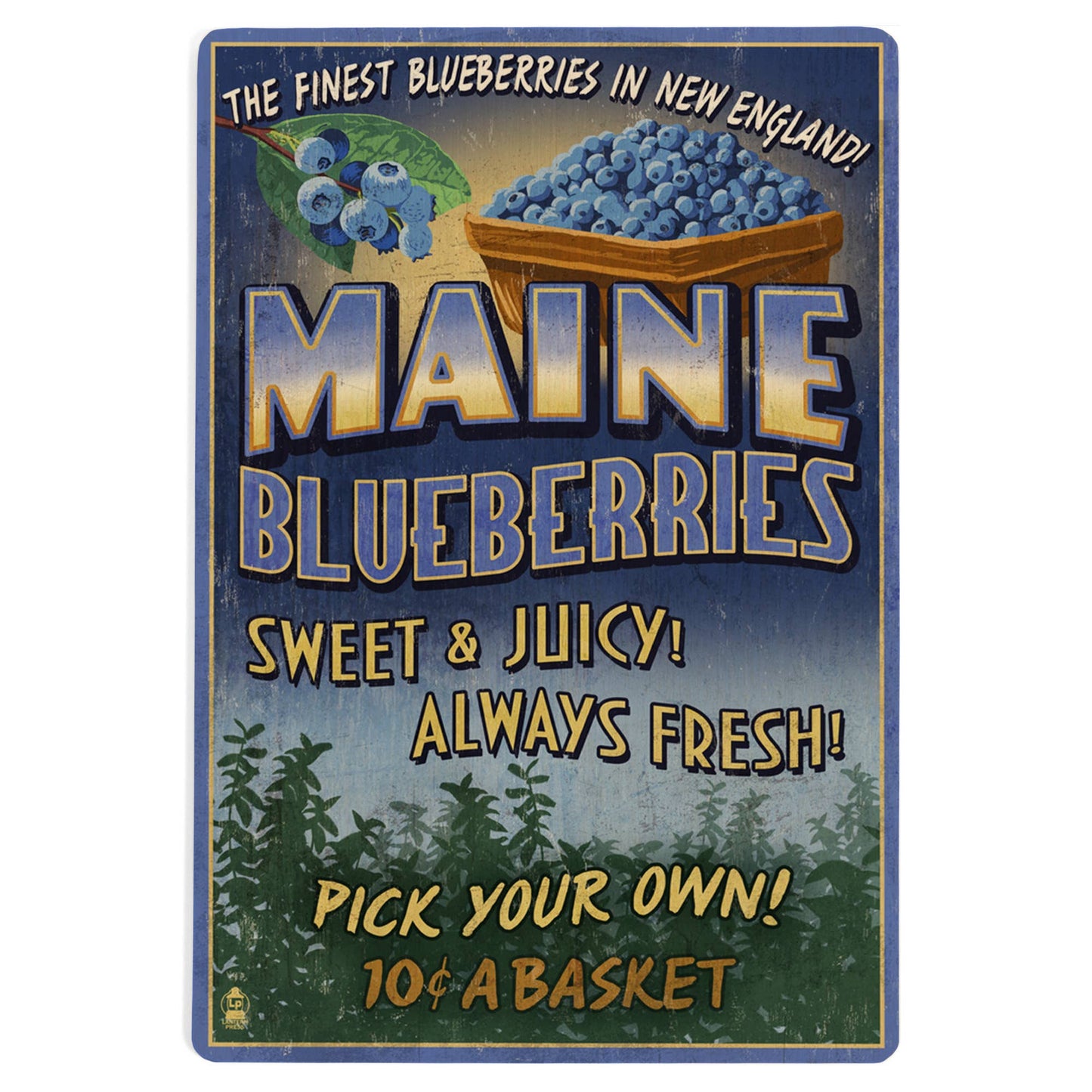 WOOD POSTCARD Maine, Blueberries Vintage Sign