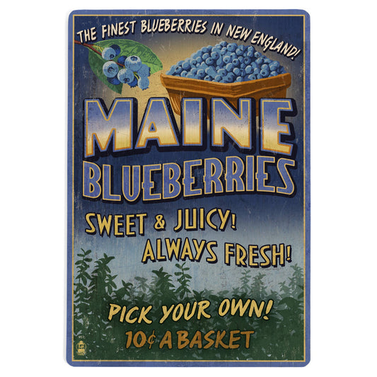 WOOD POSTCARD Maine, Blueberries Vintage Sign