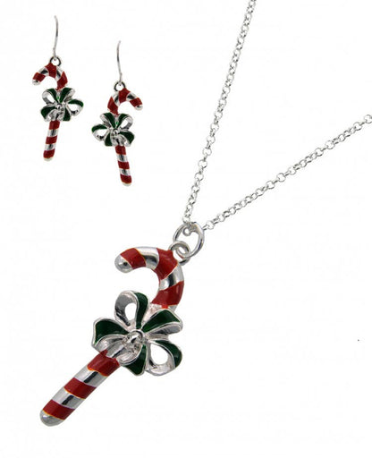 Christmas Striped Candy Cane with Ribbon Necklace Set