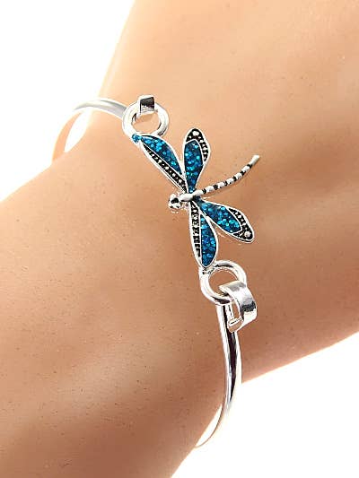 Glitter Blue Dragonfly Brass Casting Bangle Bracelet