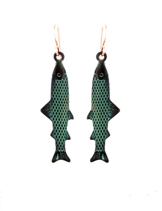 3D Antique Silver or Patina Salmon Fish Earrings
