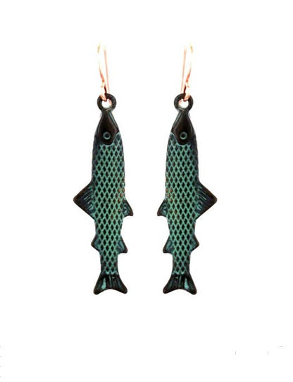 3D Antique Silver or Patina Salmon Fish Earrings