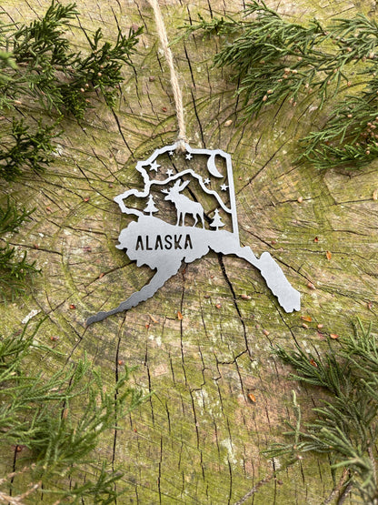 Maine Mountain Moose Scene Raw Steel Ornament