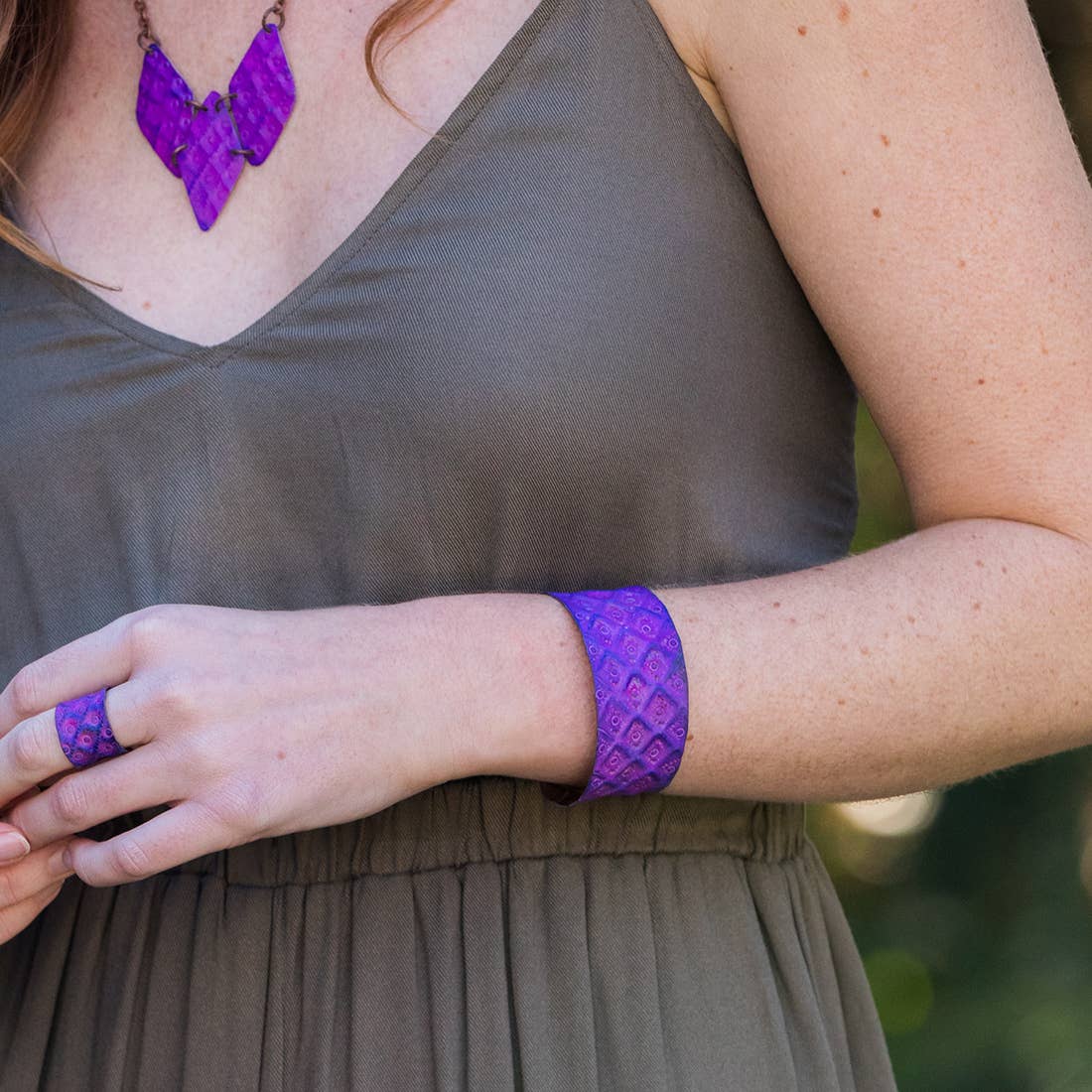 Copper Patina Bracelet - Fuchsia and Purple Diamonds