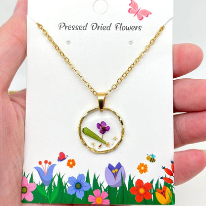 Dried Flowers Floral Irregular Round Pendant Necklace