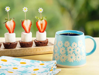 Wide Base Mug with Daisies-Blue-3.5"H(14oz)