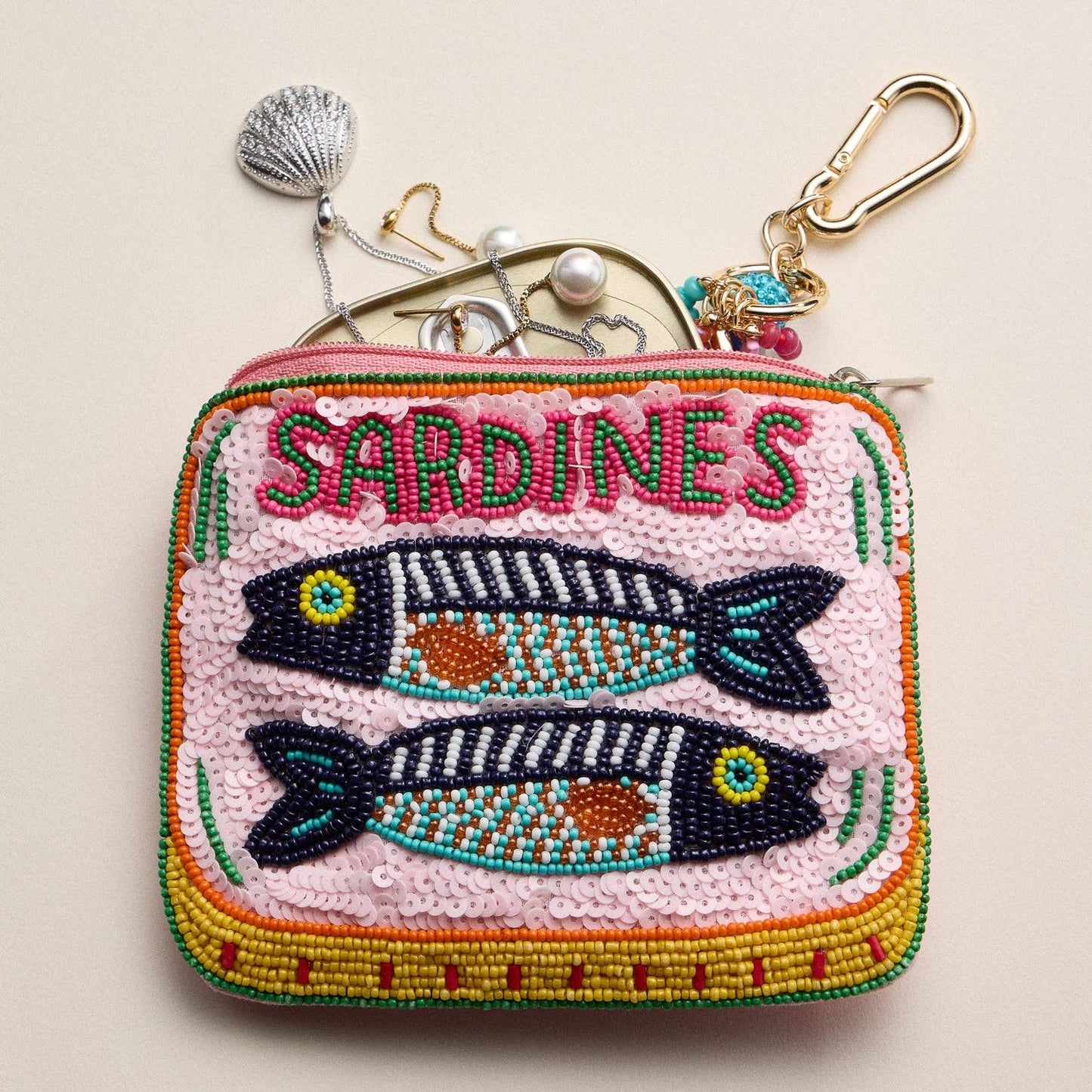 Beaded Sardine Tin Clutch | Pink Hand-Embroidered Sequin Zip Pouch