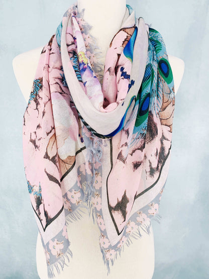 Pink-Teal Peacock & Peoney Frayed-Edge Scarf/Shawl
