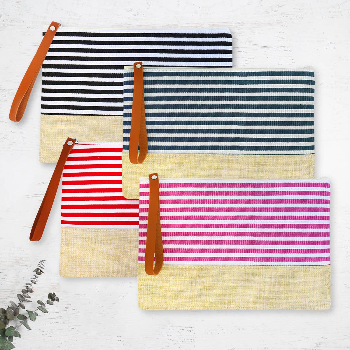 Nautical Stripe Canvas Pouch Bag Straw Wristlet Clutch