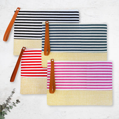 Nautical Stripe Canvas Pouch Bag Straw Wristlet Clutch